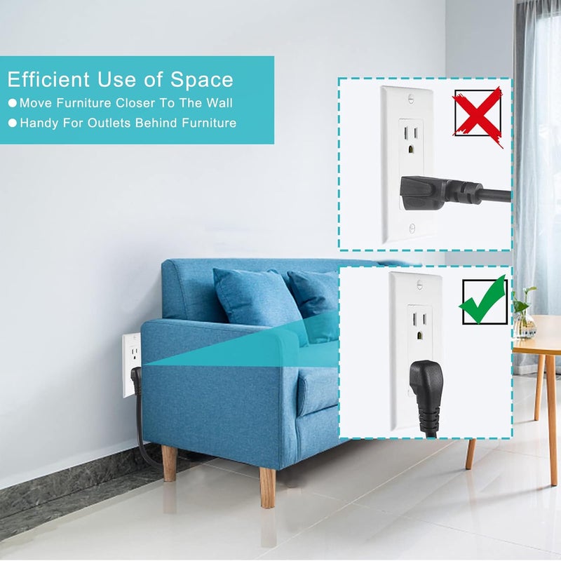 SPARKING 90 Degree Computer Power Cord - 3FT Flat Low Profile Angled NEMA 5-15 Plug to IEC C13 Power Cord,Universal PC Power Supply Cord, 16AWG, Black C13 3 Prong Angled AC Power Cord for PC Monitor/TV (3FT) - Image 5